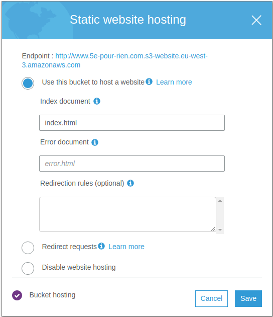 Configuring static web hosting for www bucket