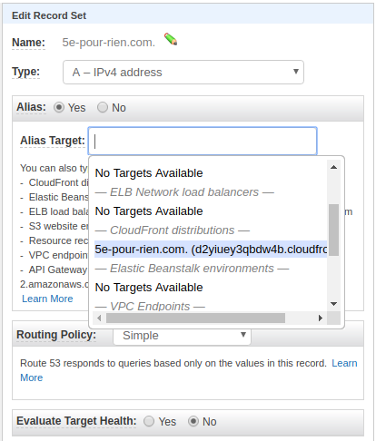 Creating CloudFront alias record